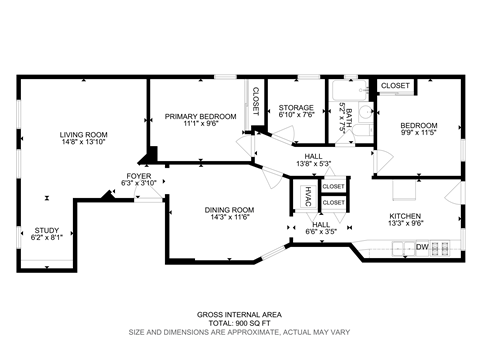 Floor plan for 2 beds, 1 bath, 900 sqft